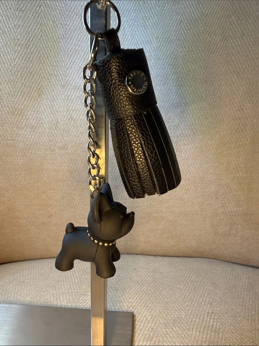 Black Leather Tassel Keychain with Dog Charm